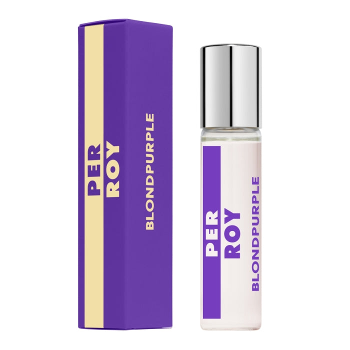 Perroy Parfum - Blond Purple elegante kleine Glasflasche mit silbernem Verschluss neben lila Verpackung mit goldener Schrift