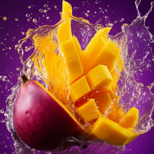 Perroy Parfum - Blond Purple inspirierende Mango-Szene mit spritzendem Wasser vor lebendigem violettem Hintergrund
