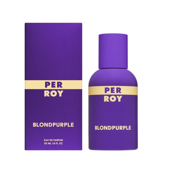 Perroy Parfum - Blond Purple violetter Flakon und Verpackung mit cremefarbenem Schriftzug vor weißem Hintergrund