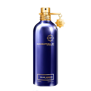 Montale - Blue Amber Parfumflakon in glänzendem Blau mit goldenem Zerstäuber und Logo vor weißem Hintergrund