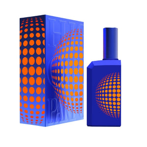 Histoires de Parfums - This is not a Blue Bottle 1.6 blauer Flakon mit orangenen Punktemuster und passender Box vor weißem Hintergrund