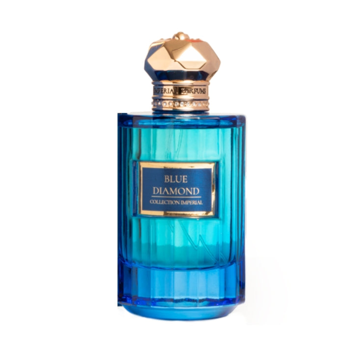 Imperial Parfums - Blue Diamond in strahlend blauem Flakon mit facettiertem goldfarbenem Verschluss elegant inszeniert