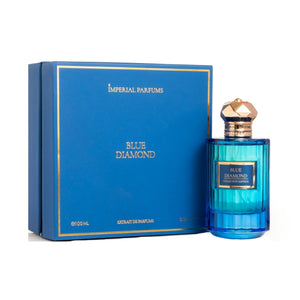 Imperial Parfums - Blue Diamond in elegantem blauen Flakon mit goldenem Verschluss neben edler blauer Verpackung