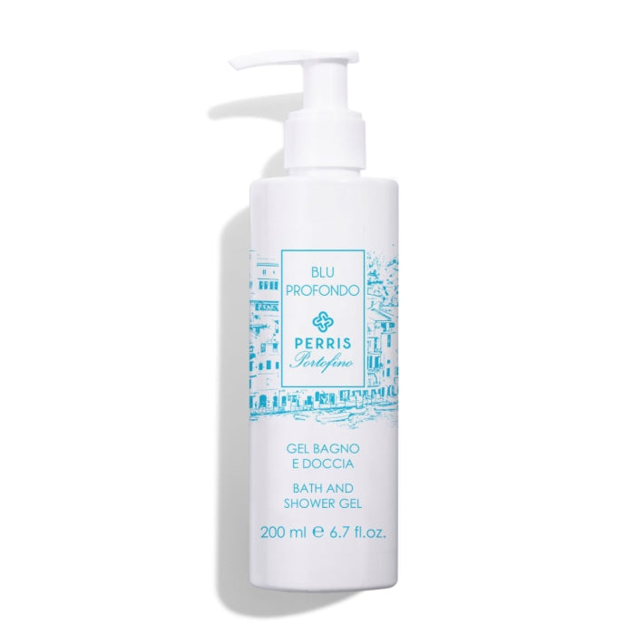 Perris Portofino - Blu Profondo - Bath & Shower Gel in weißer Flasche mit blauem Schriftzug und frischem Duftdesign