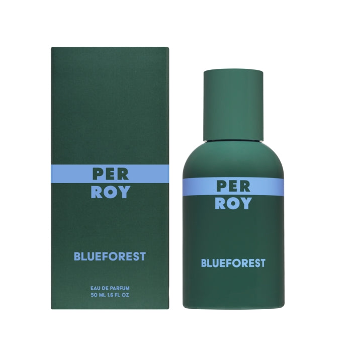 Perroy Parfum - Blue Forest edler grüner Flakon mit blauer Schrift und passender Verpackung vor weißem Hintergrund
