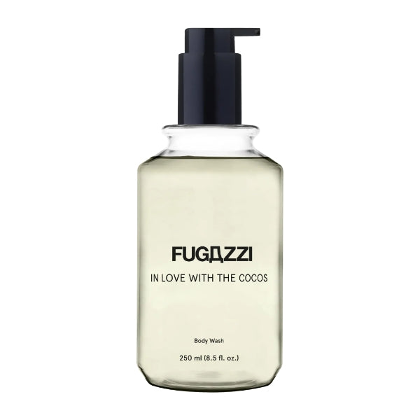 Fugazzi - In Love with the Cocos - Bodywash im klarem Flakon mit schwarzem Pumpverschluss, sommerlicher Duft, 250 ml