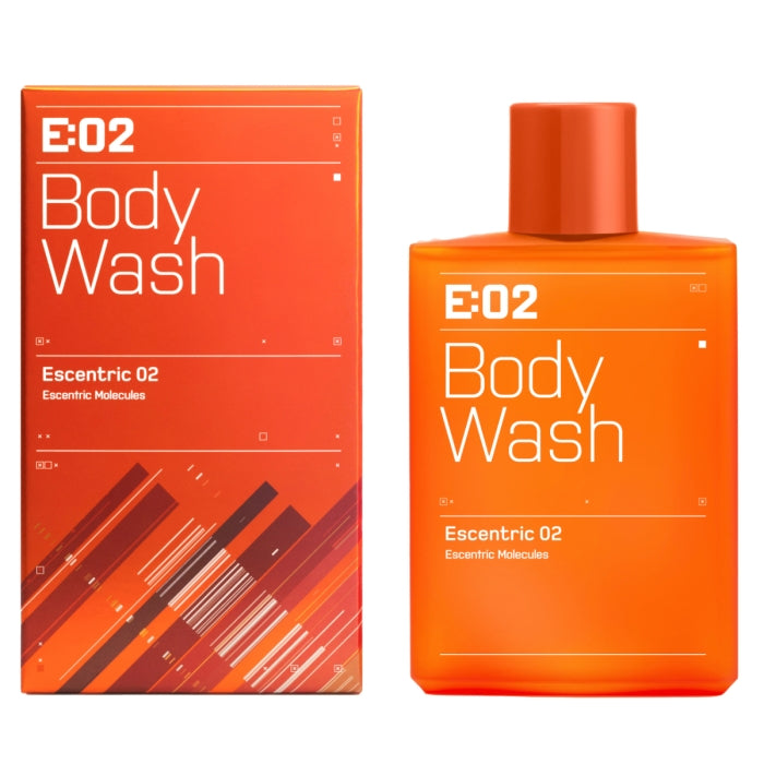 Escentric Molecules - Escentric 02 - Body Wash in oranger Flasche mit passender Verpackung für duftintensives Duscherlebnis