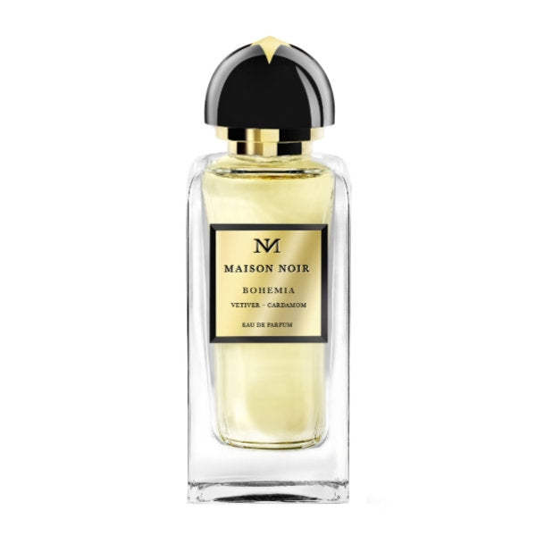 Maison Noir - Bohemia 265 Parfumflakon mit klarem Glas und schwarzem Verschluss mit goldfarbenem Akzent vor weißem Hintergrund