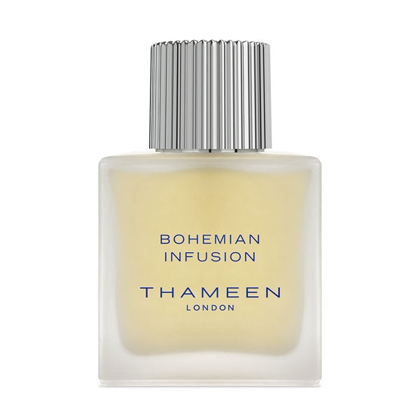 Thameen - Britologne Collection - Bohemian Infusion zeigt klaren, quadratischen Flakon mit silbernem gerilltem Verschluss und schlichter Beschriftung