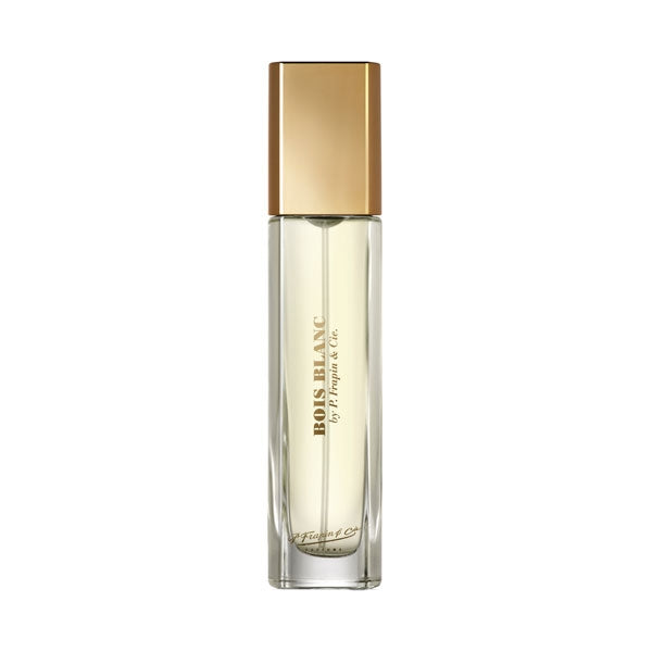 Frapin - Bois Blanc schlanker, transparenter Flakon mit goldfarbenem Verschluss und goldener Schrift auf weißem Hintergrund