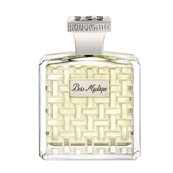 Houbigant - Collection Royale - Bois Mystique - Eau de Parfum Extrême Flakon mit filigranem Webmuster und silbernem Verschluss vor weißem Hintergrund