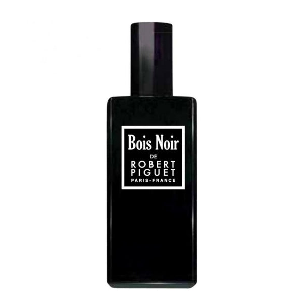 Piguet - Bois Noir zeigt eleganten schwarzen Parfumflakon mit klarer weißer Beschriftung minimalistisch gestaltet