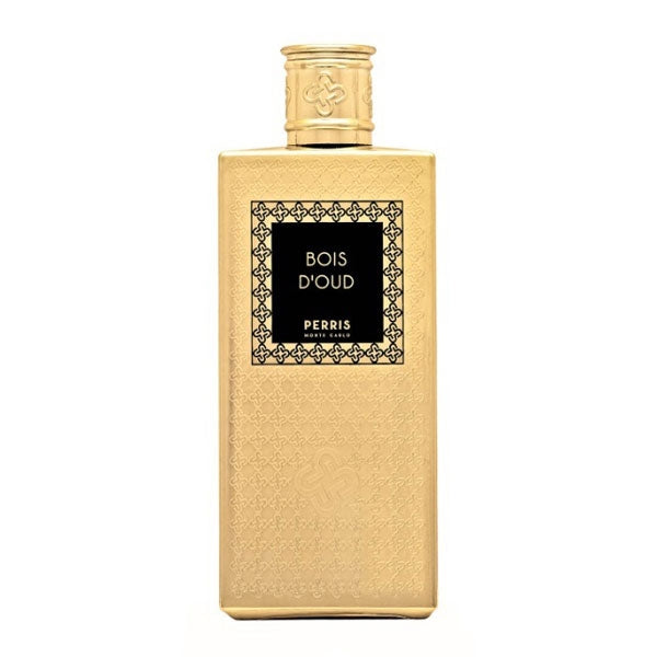 Perris Monte Carlo - Bois d'Oud eleganter goldener Flakon mit edlem Ornament und schwarzem Etikett für Oud-Duftliebhaber