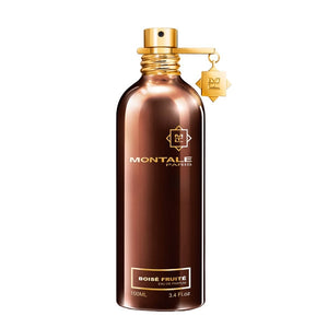 Montale - Boisé Fruité Parfumflakon in warmem Braun mit goldenem Verschluss und dekorativem Anhänger vor weißem Hintergrund