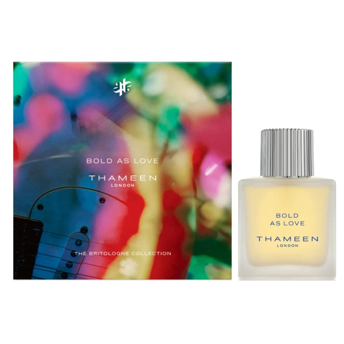 Thameen - Britologne Collection - Bold as Love Parfümflakon mit mattem Glas und gestreiftem silbernem Verschluss vor bunter Verpackung