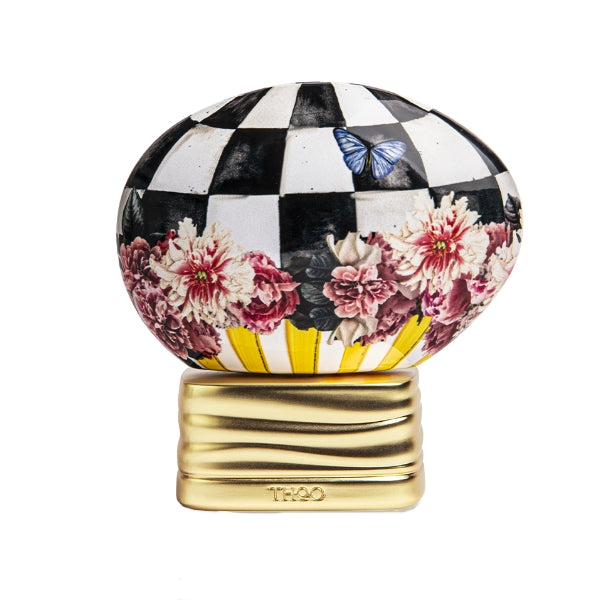THoO - Crazy Collection - Bonbon Pop Parfumflakon mit schwarzem Schachbrettmuster, Blumenmotiv und blauem Schmetterling auf goldenem Sockel