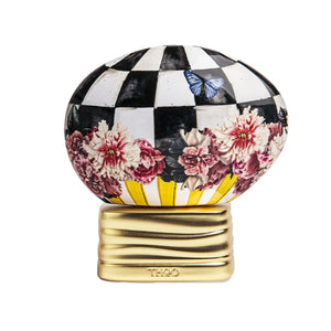 THoO - Crazy Collection - Bonbon Pop Parfumflakon mit schwarzem Schachbrettmuster, Blumenmotiv und blauem Schmetterling auf goldenem Sockel