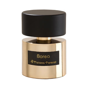 Tiziana Terenzi - Borea Parfumflakon mit goldenem Gehäuse und schwarzem Deckel vor weißem Hintergrund