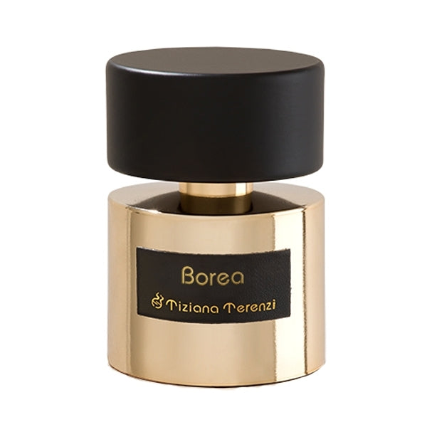Tiziana Terenzi - Borea Parfumflakon mit goldenem Gehäuse und schwarzem Deckel vor weißem Hintergrund
