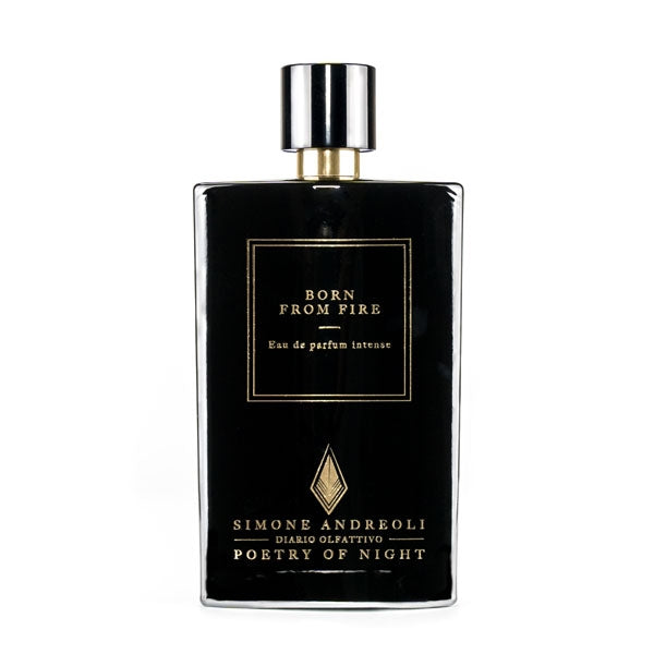 Simone Andreoli - Born From Fire Parfumflakon in schwarzem Glas mit goldener Schrift elegant und intensiv gestaltet