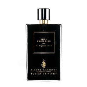 Simone Andreoli - Born From Fire Parfumflakon in schwarzem Glas mit goldener Schrift elegant und intensiv gestaltet