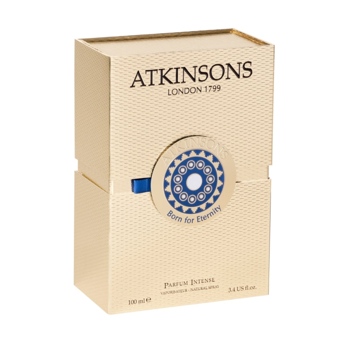 Atkinsons 1799 - Born for Eternity elegante Parfumverpackung mit texturierter Oberfläche und blau-goldenem Siegelmotiv