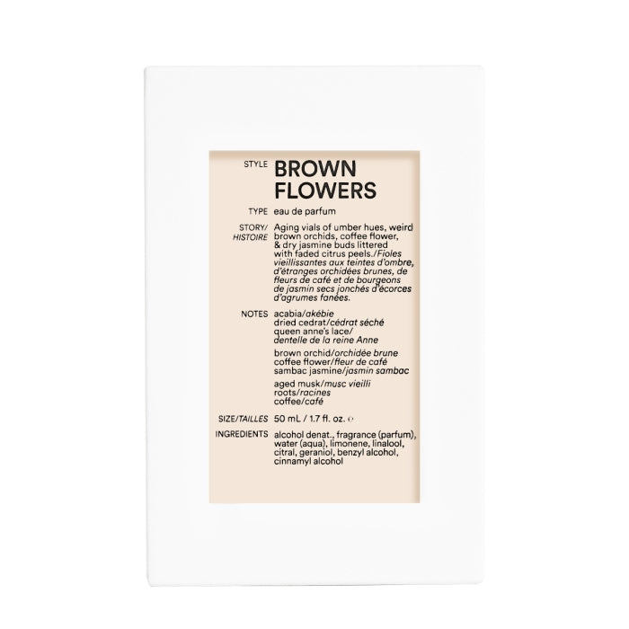 D.S. & Durga - Brown Flowers zeigt schlichte Verpackung mit beigefarbenem Etikett und Duftnotenbeschreibung in Braun- und Kaffeetönen