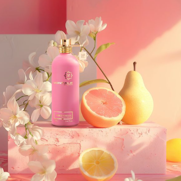 Montale - Bubble Forever Parfumflakon in zartem Rosa vor floraler Kulisse mit Zitrus- und Birnenfrüchten