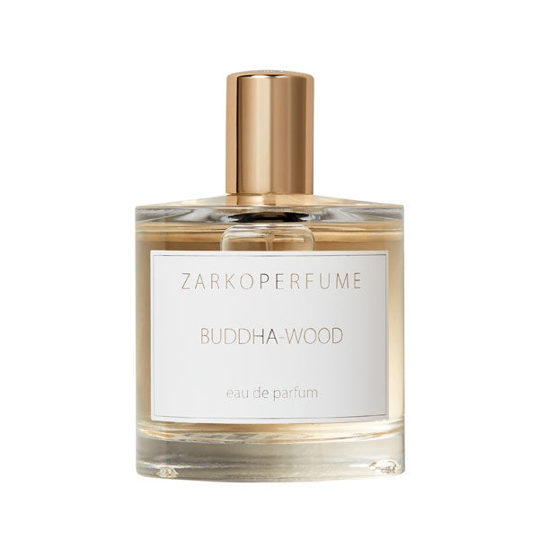 Zarkoperfume - Buddha Wood - Eau de Parfum mit zylindrischem Flakon und goldenem Verschluss vor weißem Hintergrund