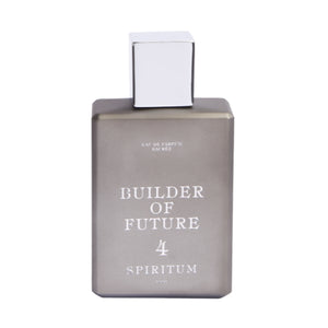 Spiritum - 4 - Builder of Future Parfumflakon in mattem Grau mit weißem quadratischem Verschluss vor weißem Hintergrund