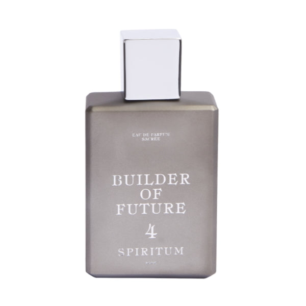 Spiritum - 4 - Builder of Future Parfumflakon in mattem Grau mit weißem quadratischem Verschluss vor weißem Hintergrund