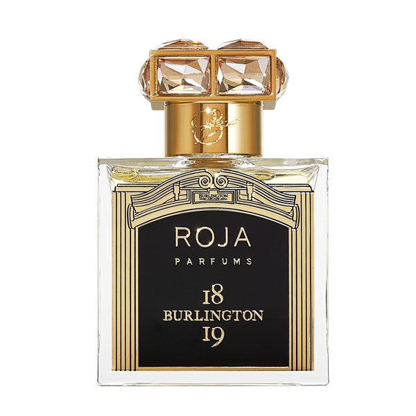 Roja Parfums - Burlington 1819 Parfumflakon mit schwarzem Label und goldenen Details vor weißem Hintergrund