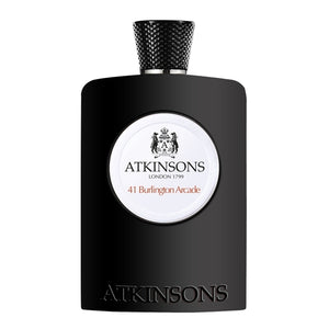 Atkinsons 1799 - 41 Burlington Arcade Parfumflakon in mattschwarzem Design mit rundem weißen Label vor weißem Hintergrund