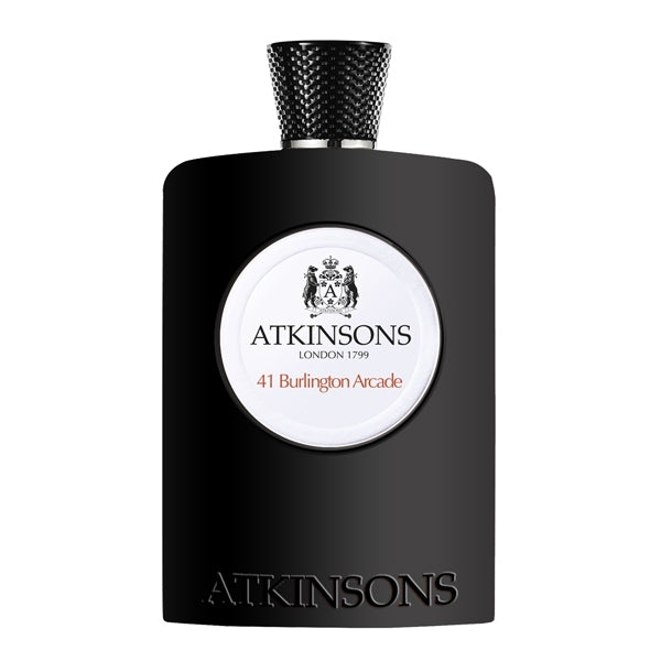 Atkinsons 1799 - 41 Burlington Arcade Parfumflakon in mattschwarzem Design mit rundem weißen Label vor weißem Hintergrund