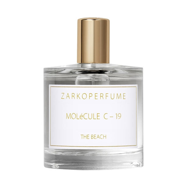 Zarkoperfume - MOLéCULE C-19 The Beach Flakon mit klarem Glas und goldenem Verschluss vor weißem Hintergrund