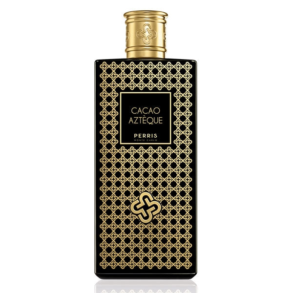 Perris Monte Carlo - Cacao Aztèque Flakon mit goldfarbenen Verzierungen und Verschluss vor weißem Hintergrund
