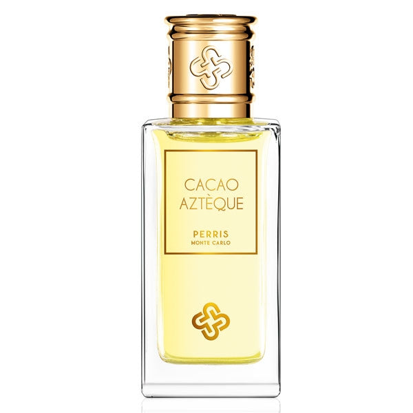 Perris Monte Carlo - Cacao Aztèque - Extrait de Parfum Flakon mit goldenem Verschluss und klarem Glas vor weißem Hintergrund