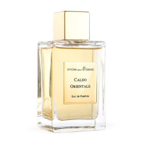 Officina delle Essenze - Caldo Orientale Parfumflakon mit klarem Glas, goldfarbenem Verschluss und warmem bernsteinfarbenem Duft