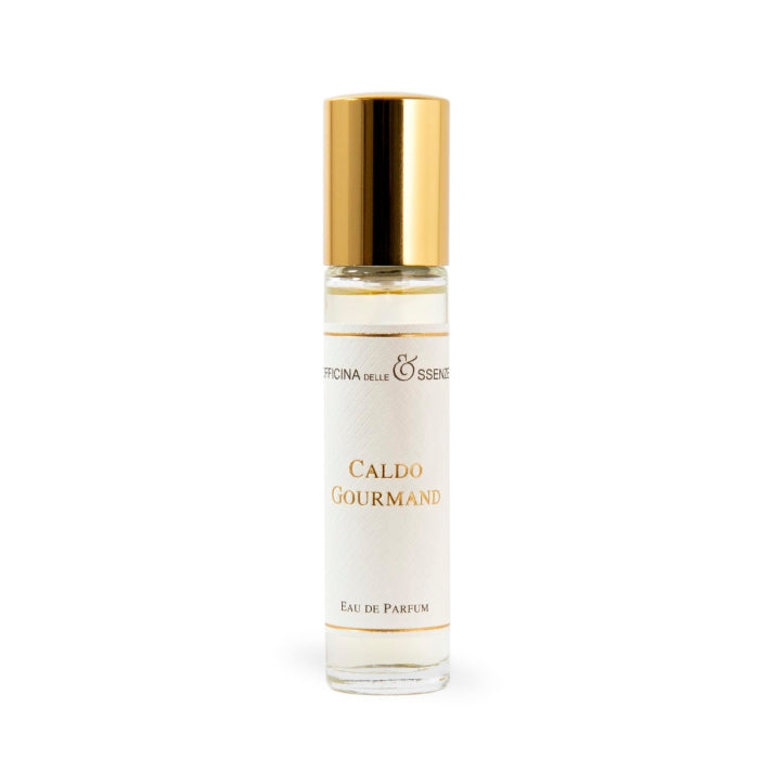 Officina delle Essenze - Caldo Gourmand Parfumroller mit schlichtem weißem Etikett und goldfarbenem Verschluss elegant gestaltet