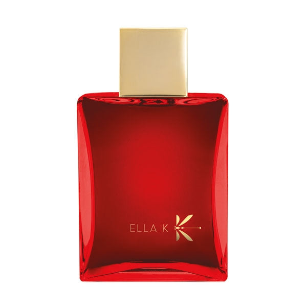 Ella K - Camélia K roter eleganter Flakon mit goldfarbenem Deckel vor weißem Hintergrund
