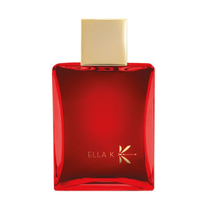 Ella K - Camélia K roter eleganter Flakon mit goldfarbenem Deckel vor weißem Hintergrund