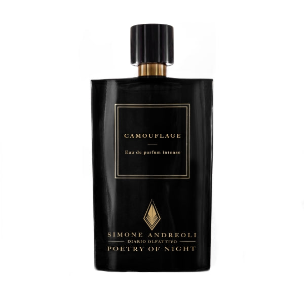Simone Andreoli - Camouflage Flakon in elegantem mattschwarzem Design mit goldenen Schriftzügen vor weißem Hintergrund