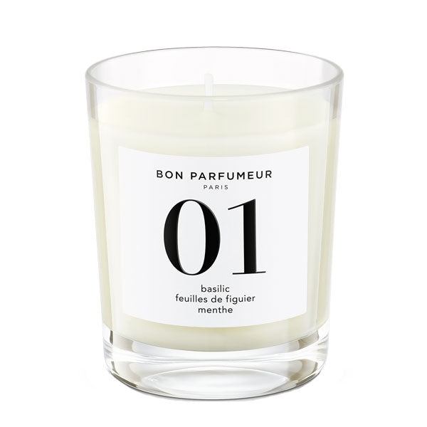 Bon Parfumeur - Candle 01 edle Duftkerze mit klarer Glasform und schlichtem, modernem Etikett in Weiß und Schwarz