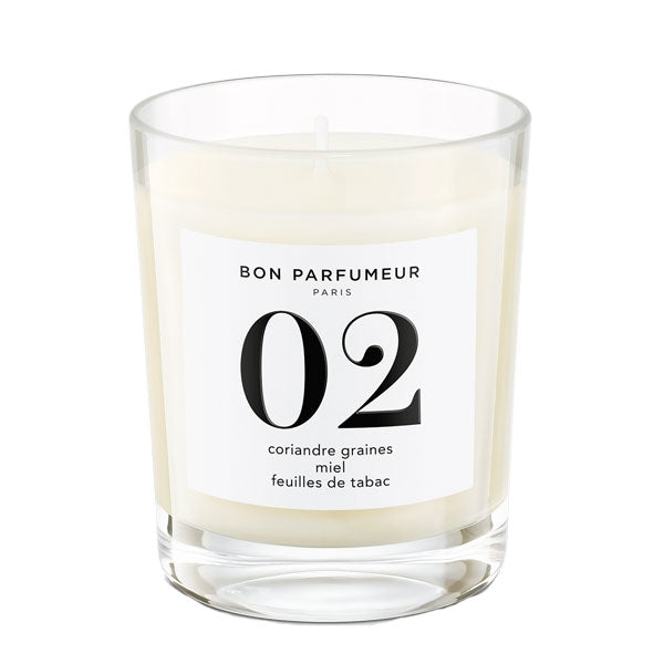Bon Parfumeur - Candle 02 elegante Duftkerze im klaren Glas mit schlichtem weißem Etikett und moderner Typografie
