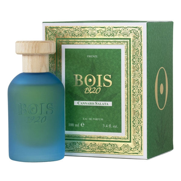 Bois 1920 - Cannabis Collection - Cannabis Salata Flakon in blau-grün mit Holzdeckel und grüner Verpackung mit goldenen Details