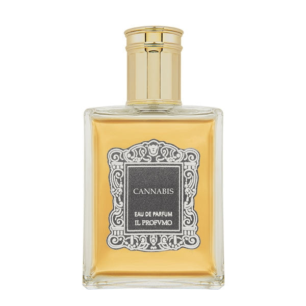 Il Profumo - Cannabis Parfumflakon mit goldfarbenem Verschluss und elegantem schwarzen Etikett vor weißem Hintergrund