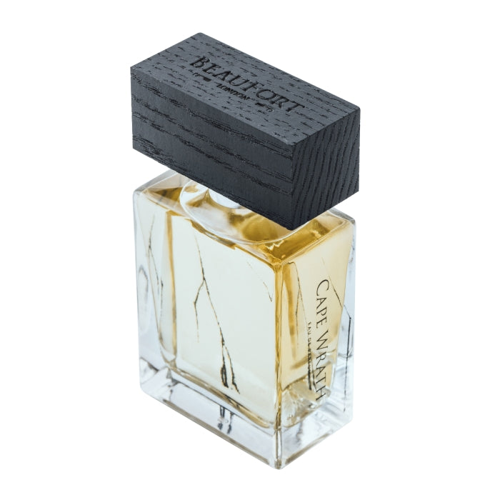 BeauFort London - Force Majeure - Cape Wrath Parfumflakon mit schwarz strukturiertem Holzdeckel und klarem Glasbehälter