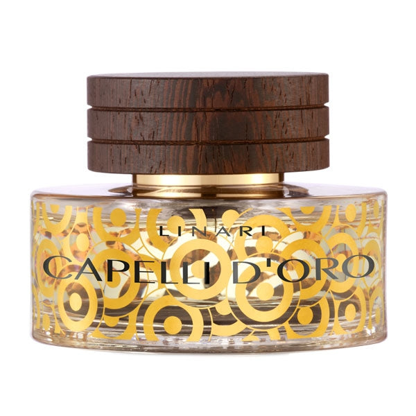 Linari - Capelli D'Oro Parfumflakon mit goldenem Muster und dunklem Holzdeckel vor weißem Hintergrund