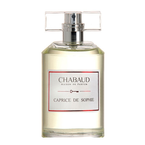 Chabaud - Caprice de Sophie Parfumflakon mit klarem Glas und rechteckigem transparentem Verschluss vor weißem Hintergrund