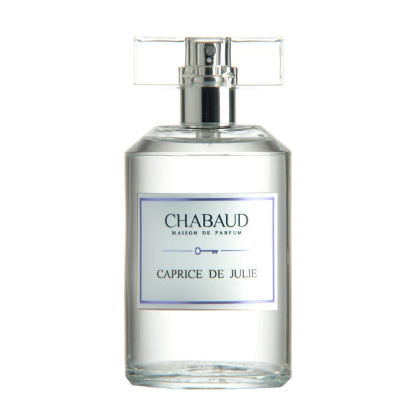 Chabaud - Caprice de Julie Parfümflakon mit klarem Glas und elegant transparentem Verschluss vor weißem Hintergrund
